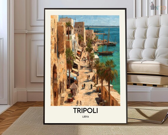 Tripoli Libya Travel Poster With Historic Harbor Waterfront And Palm Trees