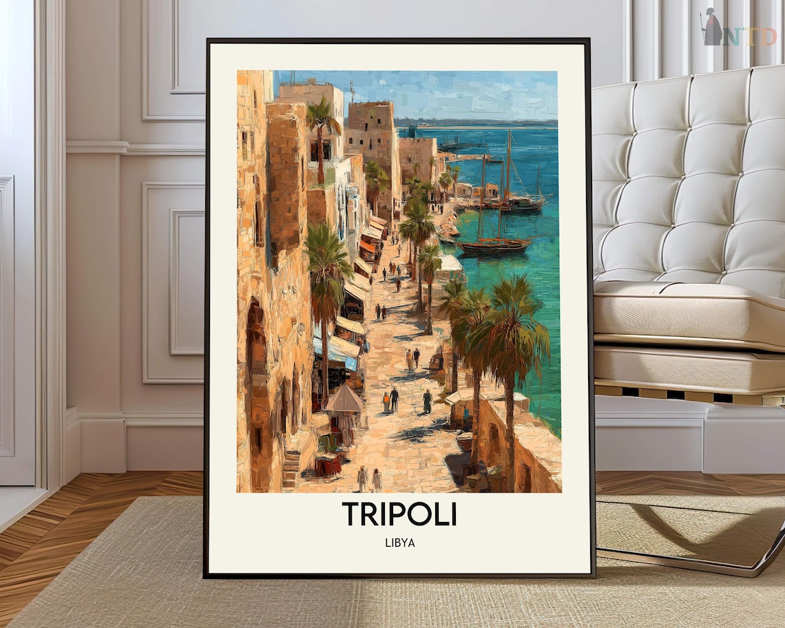 Tripoli Libya Travel Poster With Historic Harbor Waterfront And Palm Trees