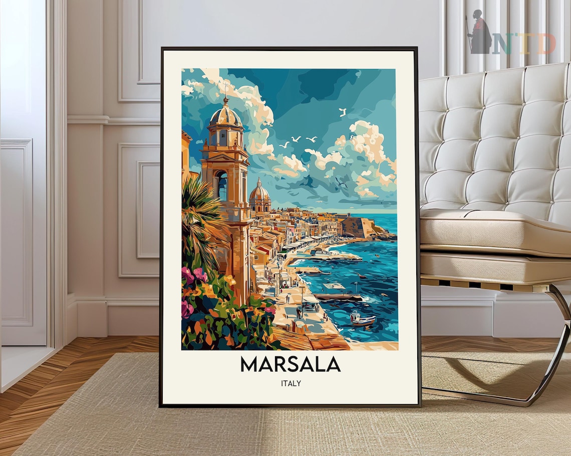 Marsala Italy Vintage Travel Poster Coastal Old Town Sea View