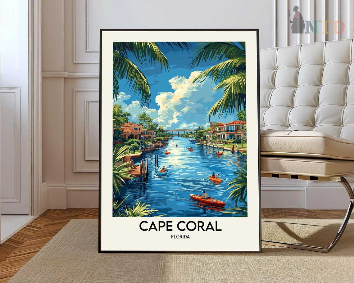 Cape Coral Florida Canal Kayaking Boating Palm Trees Travel Poster