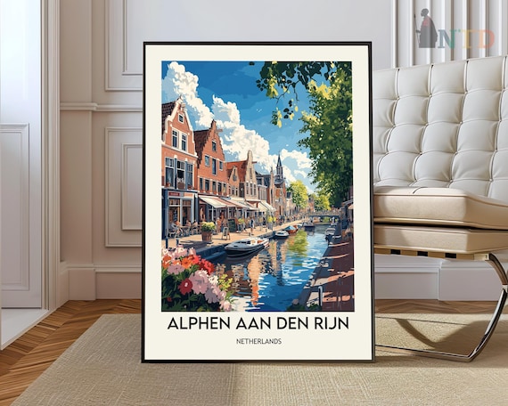 Alphen Aan Den Rijn Netherlands Canal Flowers Scenic Travel Poster