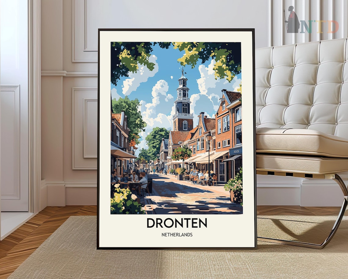 Dronten Netherlands Vintage Historic Church Town Scene Travel Poster