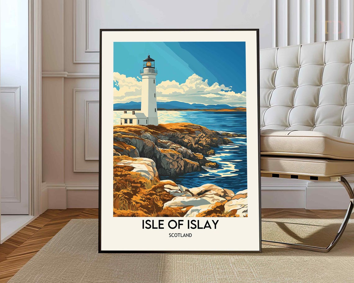 Isle of Islay Scotland White Lighthouse Rocky Sea Coast Poster