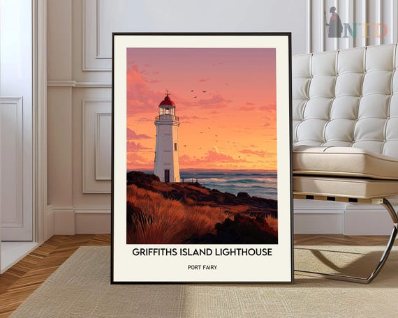 Griffiths Island Lighthouse Sunset Ocean Vintage Style Travel Poster