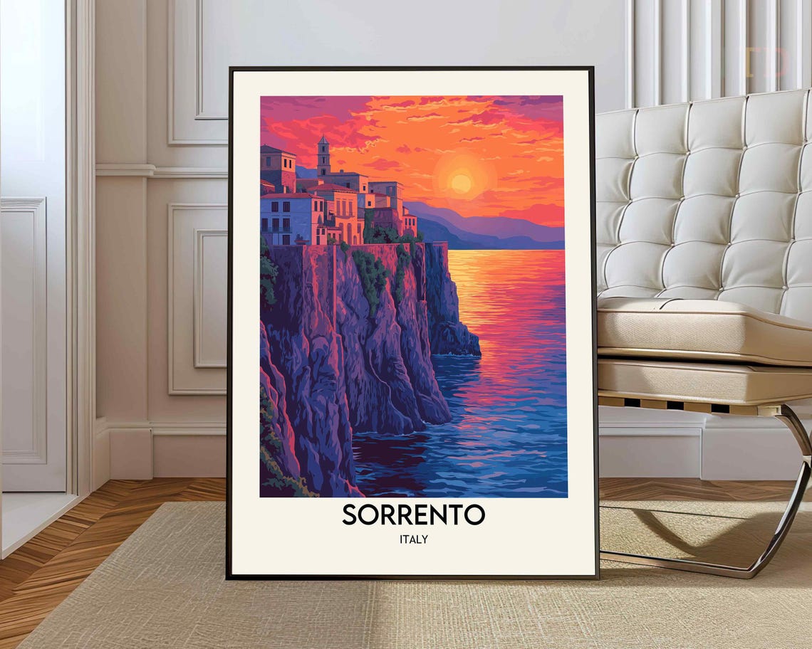 Sorrento Italy Vivid Orange Sunset Over Cliffs Seascape Poster