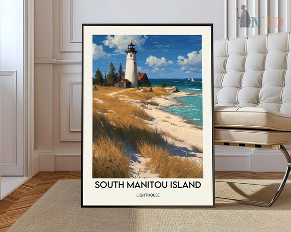 South Manitou Island Lighthouse Lake Michigan Dunes Travel Poster