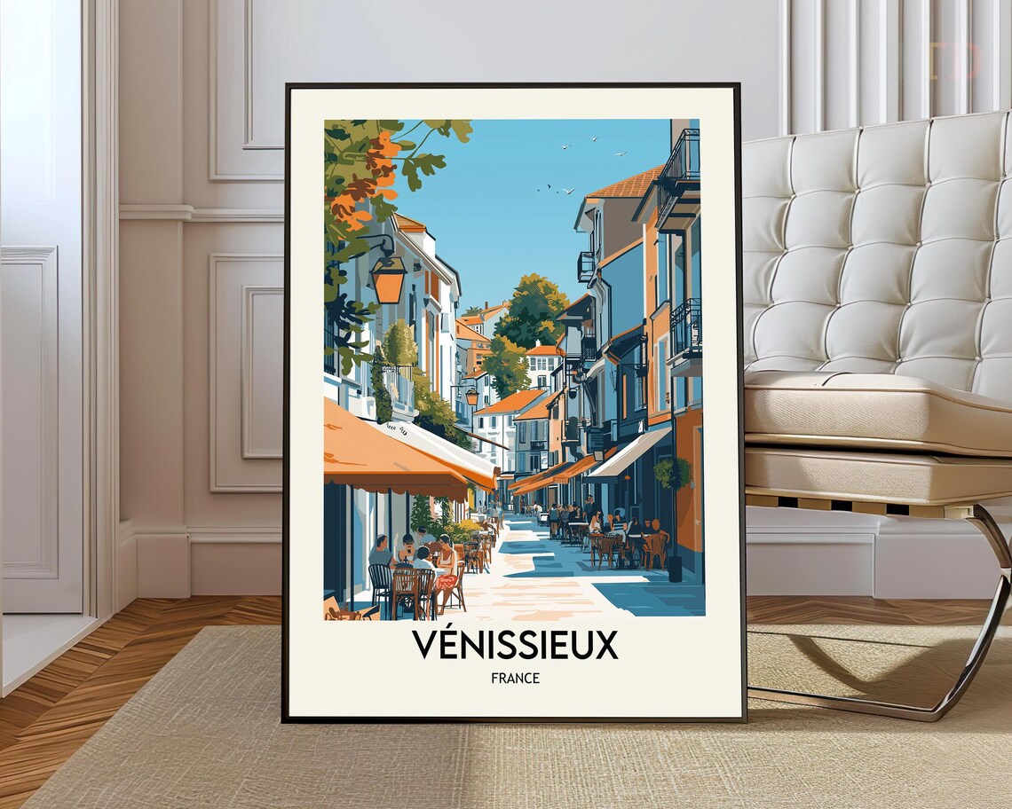 Venissieux France Sunny Cafe Terrace Street Scene Travel Poster