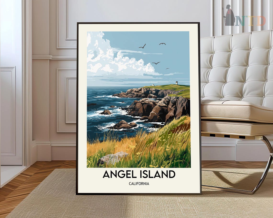 Angel Island California Rocky Coast Seabirds Vintage Travel Poster