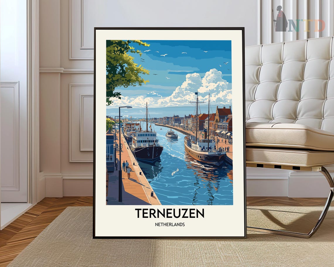 Terneuzen Netherlands Harbor Ships Vintage Travel Canal Scene Poster