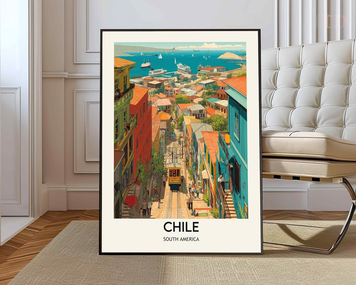 Chile Coastal City Funicular Colorful Hillside Street Travel Poster