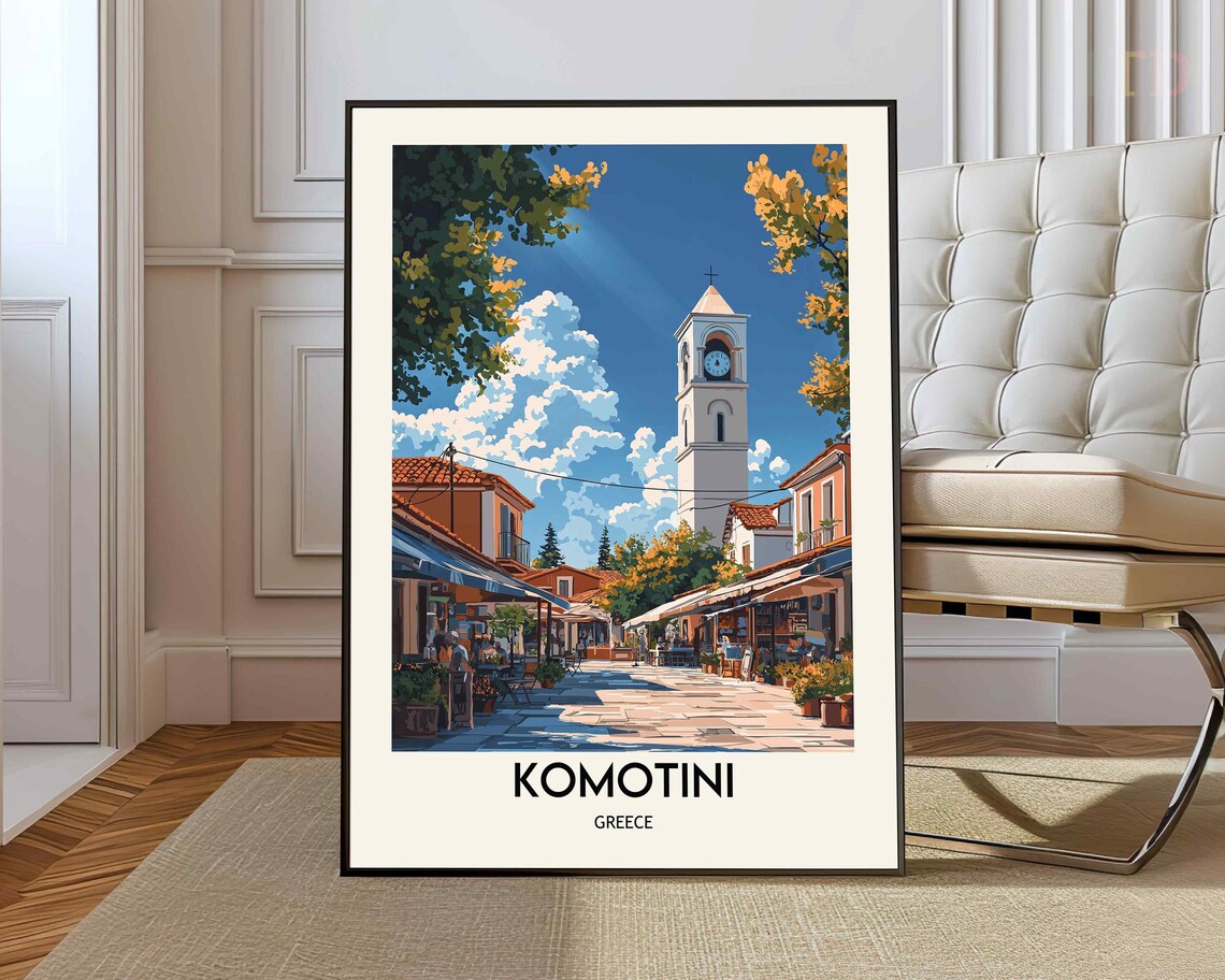 Komotini Greece Clock Tower Old Town Street Retro Travel Poster