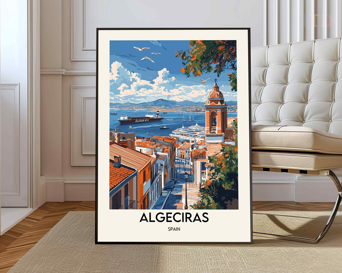 Algeciras Spain Port City Ships Bell Tower Vintage Travel Poster