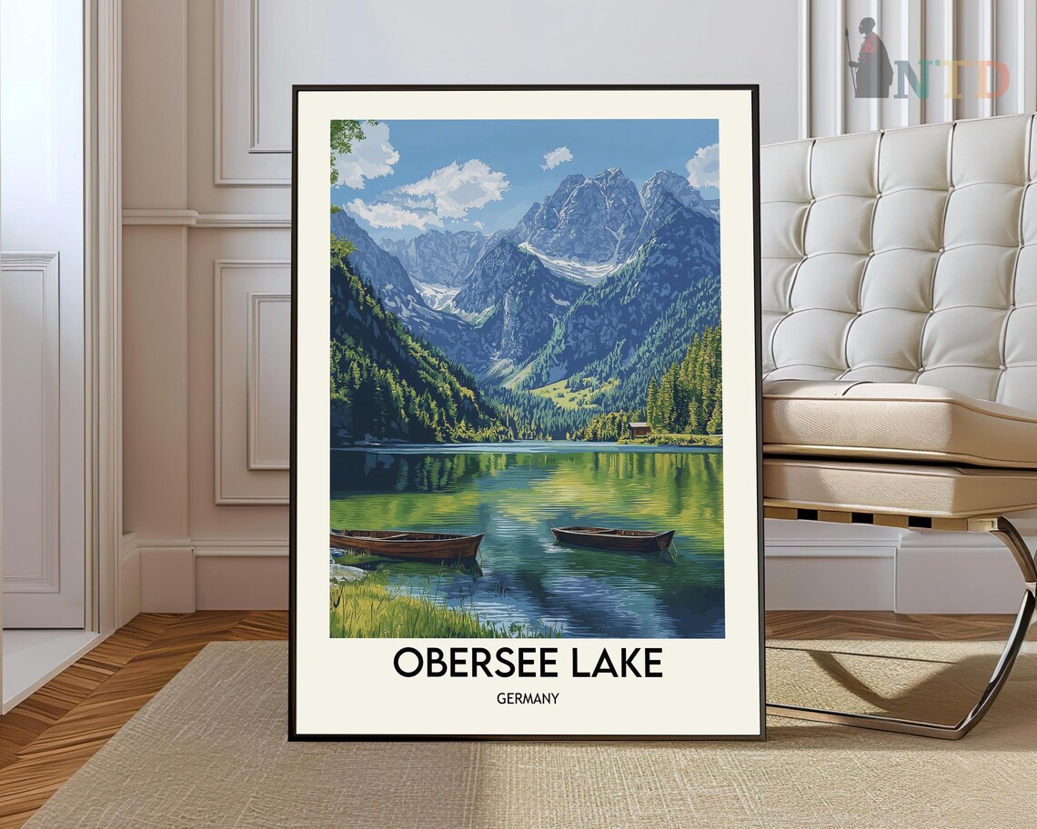 Obersee Lake Germany Alpine Rowboats Mountain Reflection Travel Poster