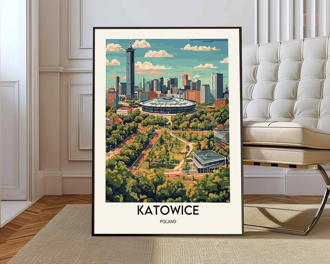 Katowice Poland City Skyline Retro Vintage Travel Poster Gift