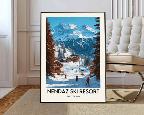 Nendaz Ski Resort Poster Switzerland Swiss Alps Wall Art Snowboarding Vintage Print Verbier Montfort Saint Moritz Mountain