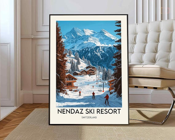Nendaz Switzerland Ski Resort Alpine Skiers Blue Sky Travel Poster