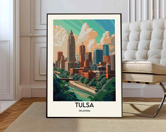 Tulsa Oklahoma Skyline River Colorful Vintage City Travel Poster