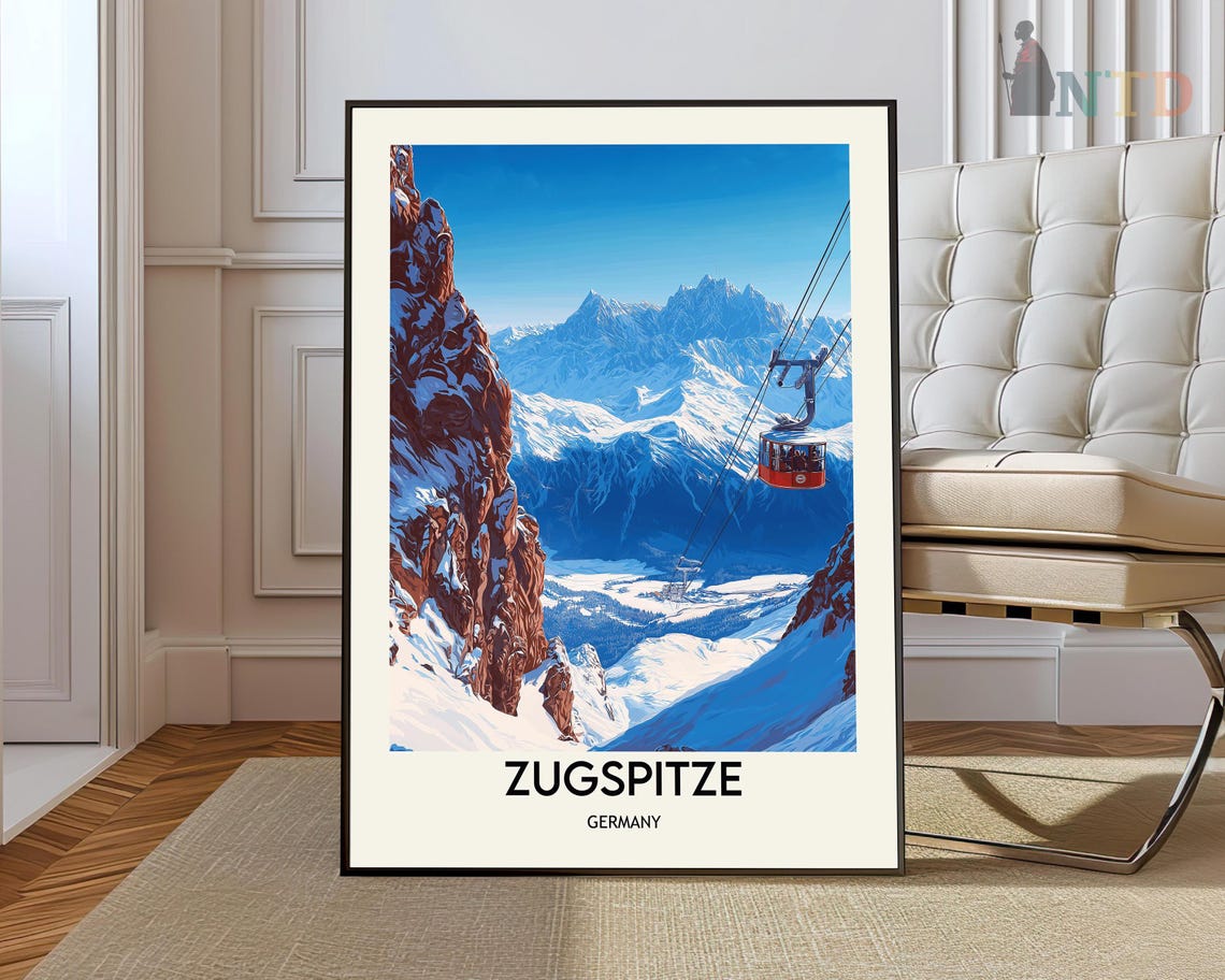 Zugspitze Germany Snowy Peak Red Cable Car Vintage Ski Travel Poster