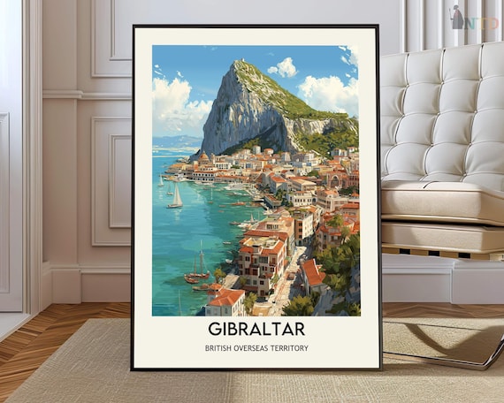 Gibraltar Coastal Town Marina Sailboats British Overseas Territory Travel Poster