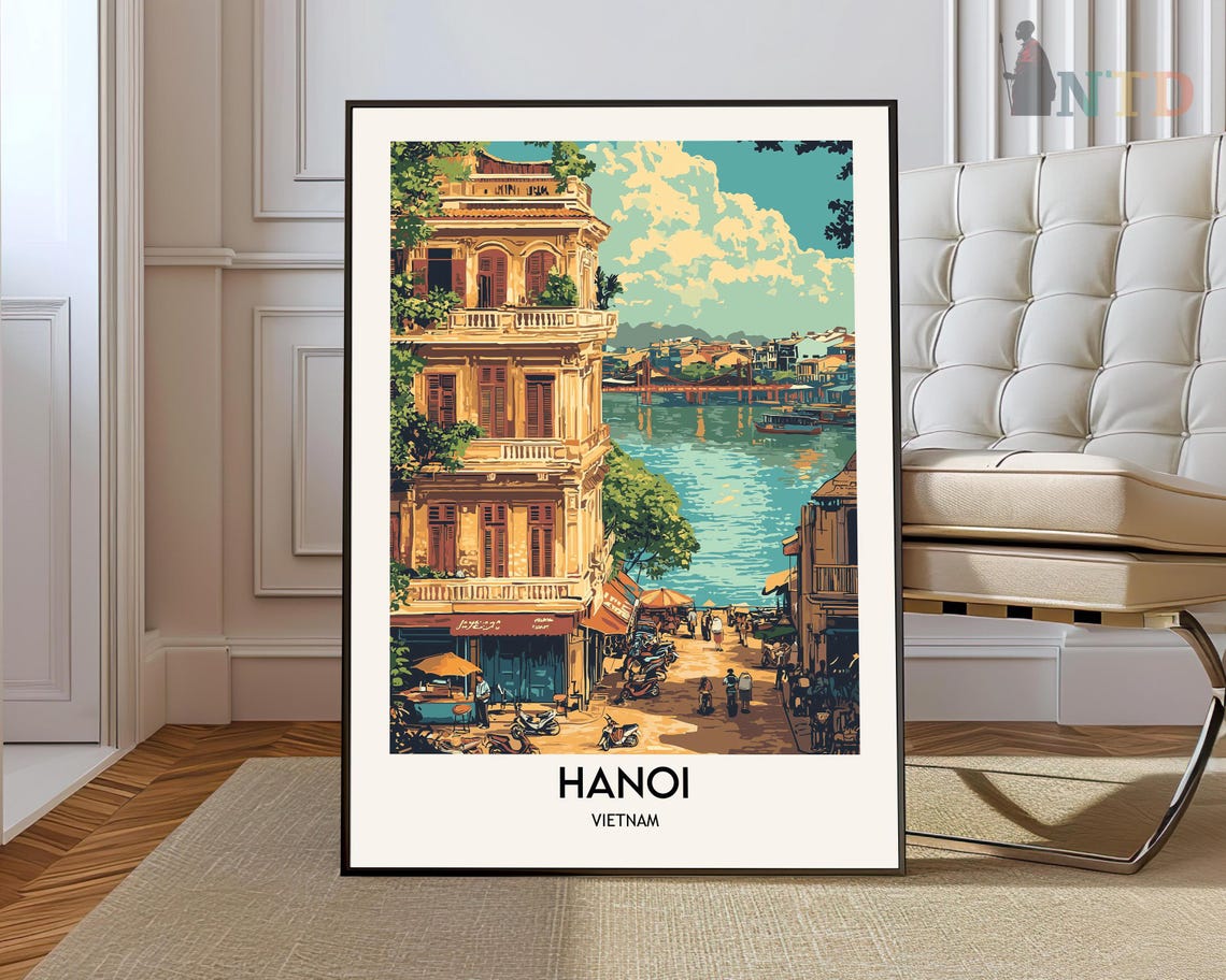 Hanoi Vietnam Travel Poster Old Quarter Colonial Street Scene