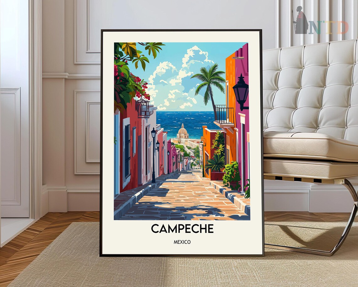 Campeche Mexico Colorful Colonial Street Sea View Travel Poster