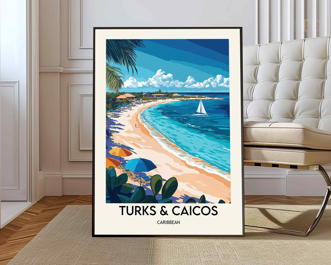 Turks And Caicos Caribbean Palm Beach Sailboat Vintage Travel Poster