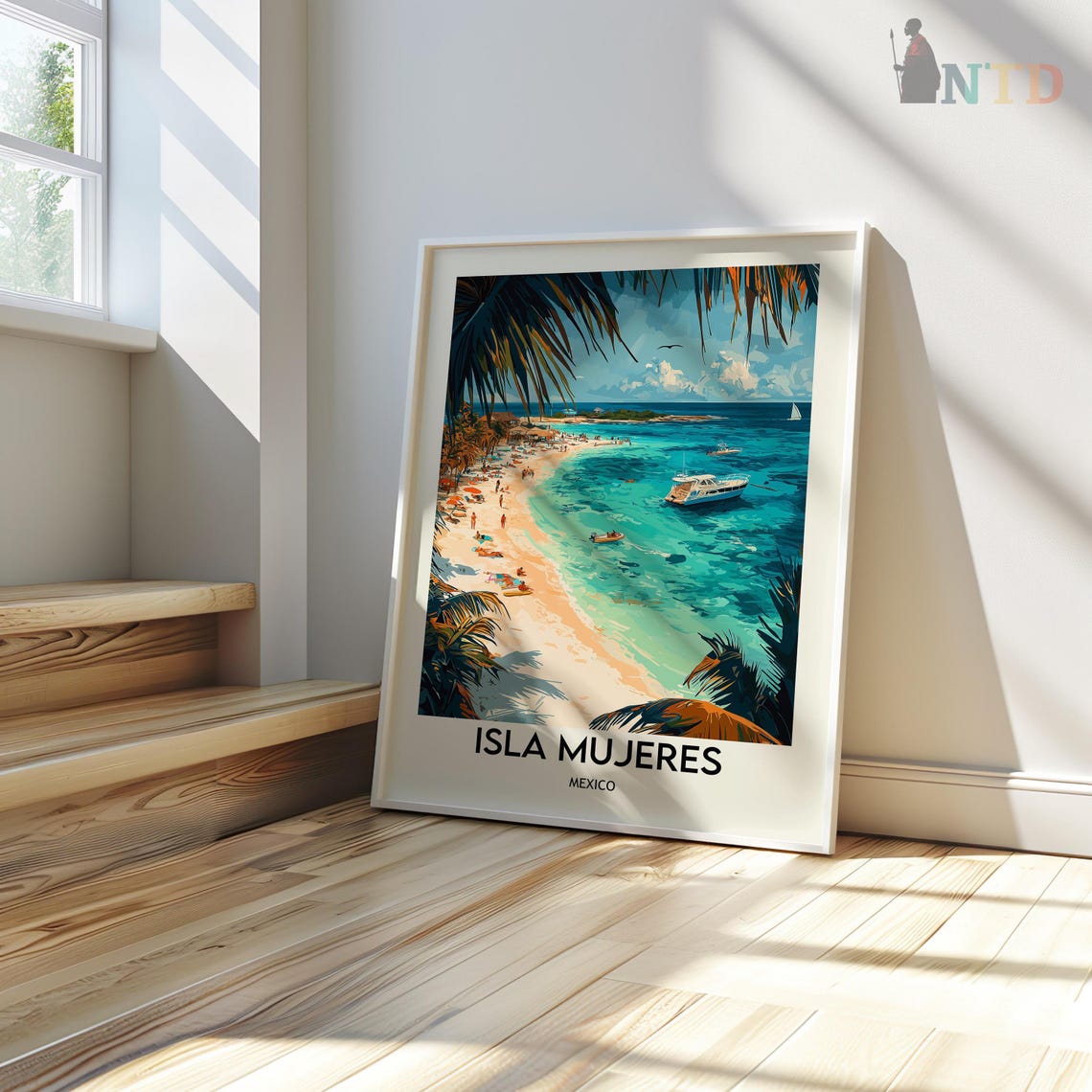 Isla Mujeres Mexico Palm Beach Boats Turquoise Bay Scene Poster - Image 3