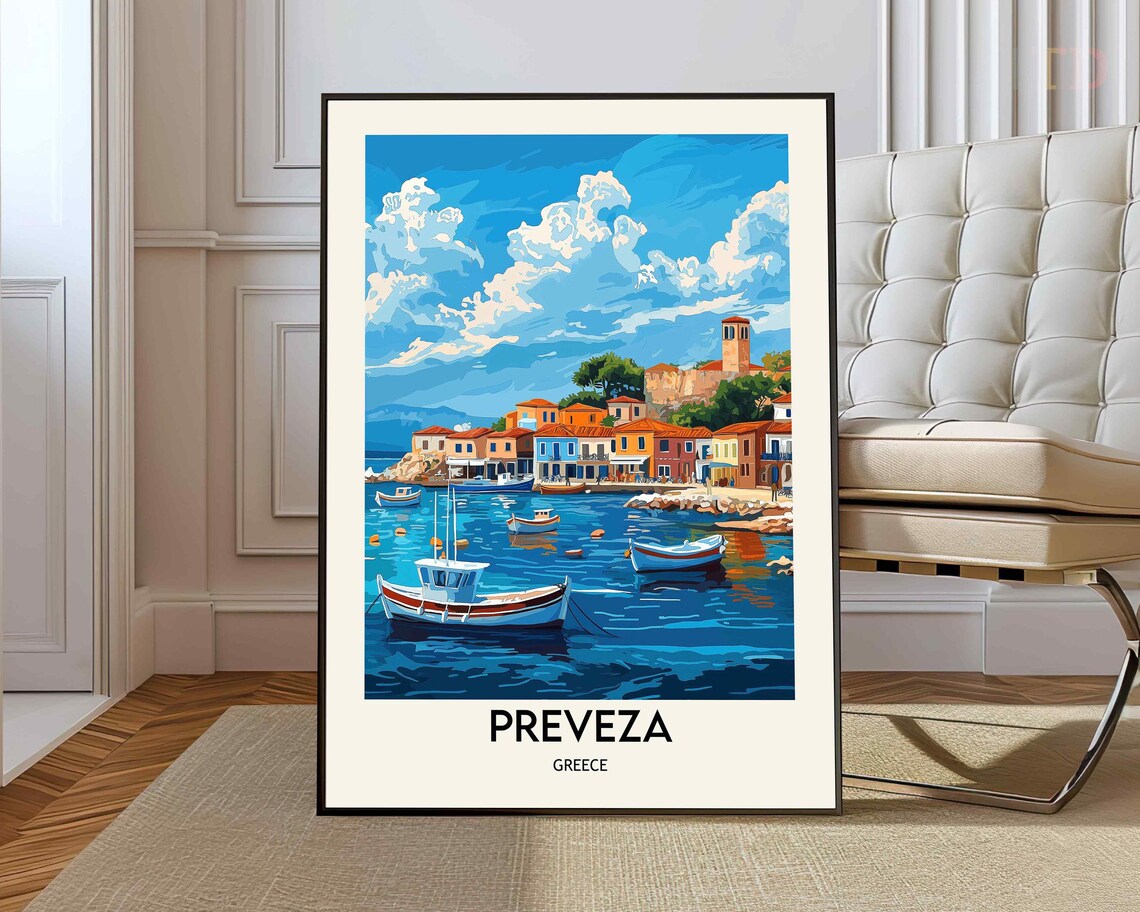 Preveza Greece Fishing Boats Harbor Town Illustrated Travel Poster
