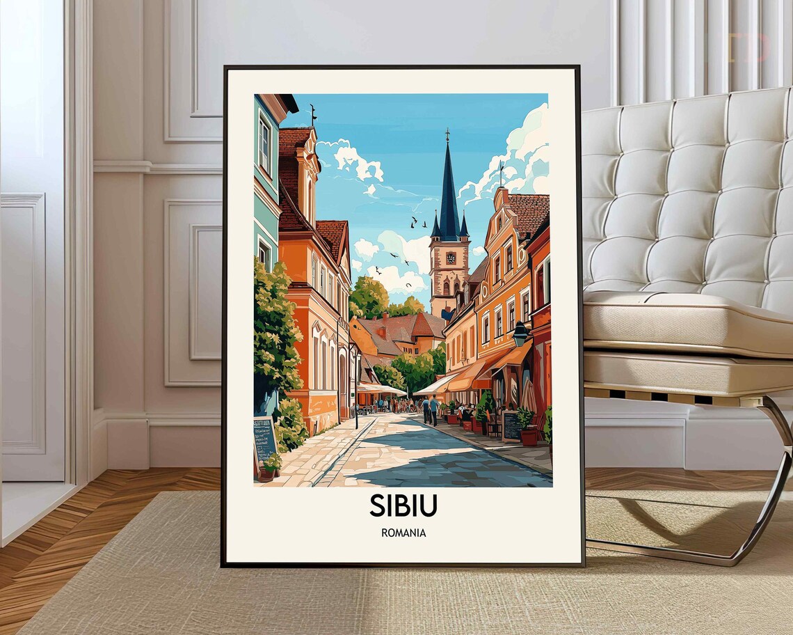 Sibiu Romania Old Town Street Church Spire Vintage Travel Poster