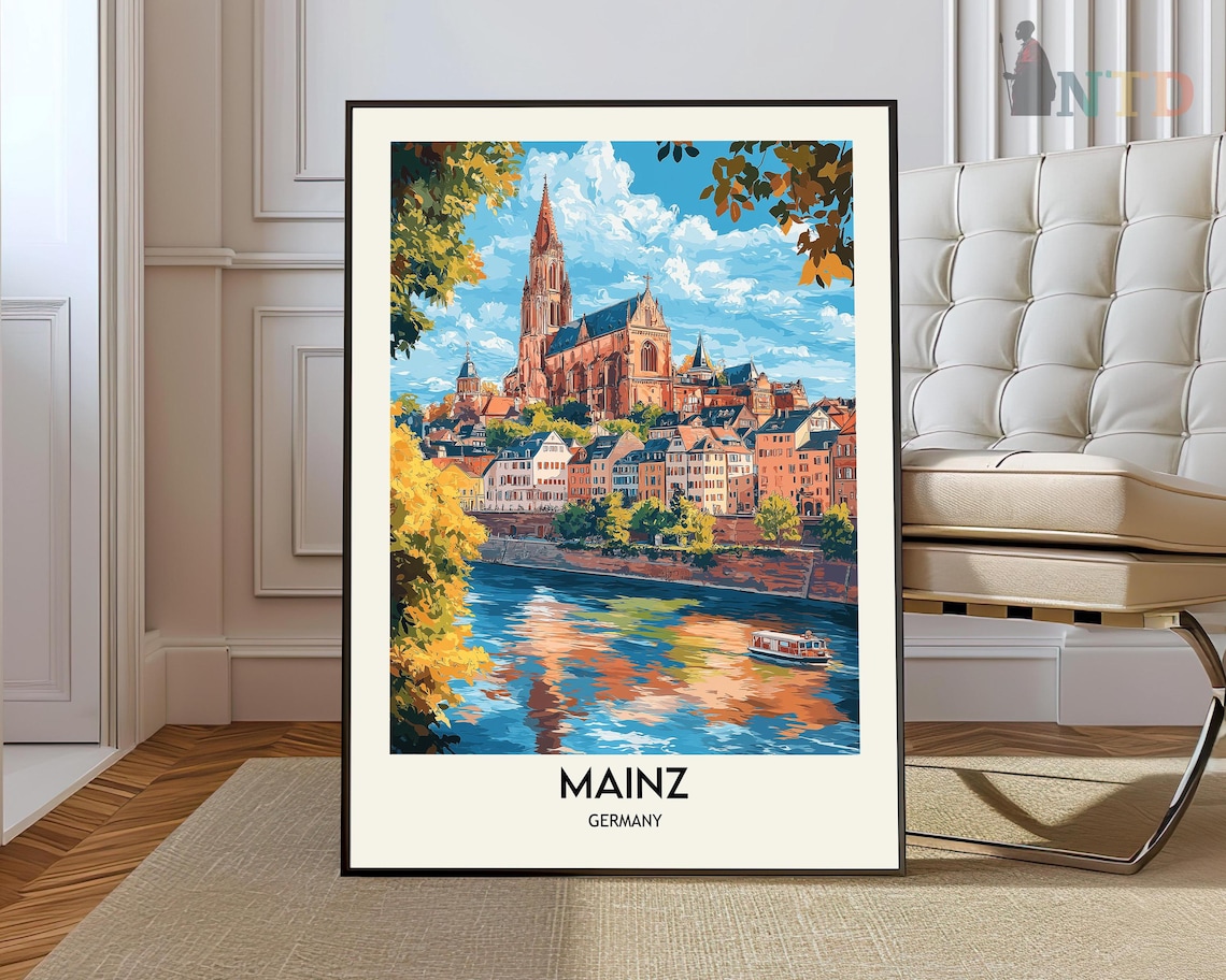 Mainz Germany Cathedral Old Town River Cruise Vintage Travel Poster