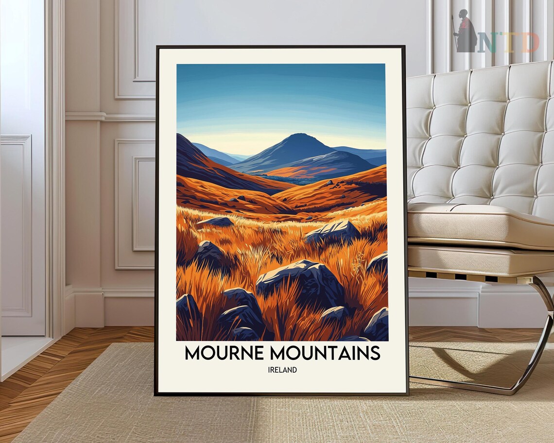 Mourne Mountains Ireland Travel Poster, Scenic Landscape
