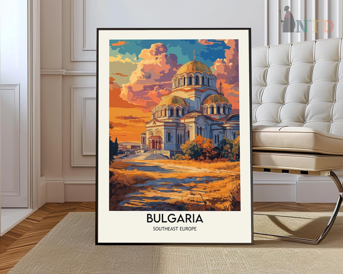 Bulgaria Golden Dome Cathedral Sunset Vintage Travel Art Poster