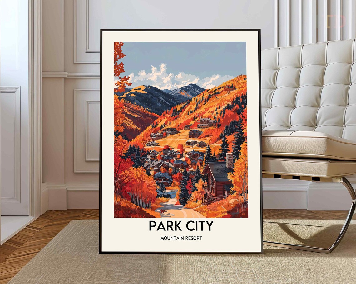 Park City Mountain Resort Autumn Cabins in Red Orange Forest Poster