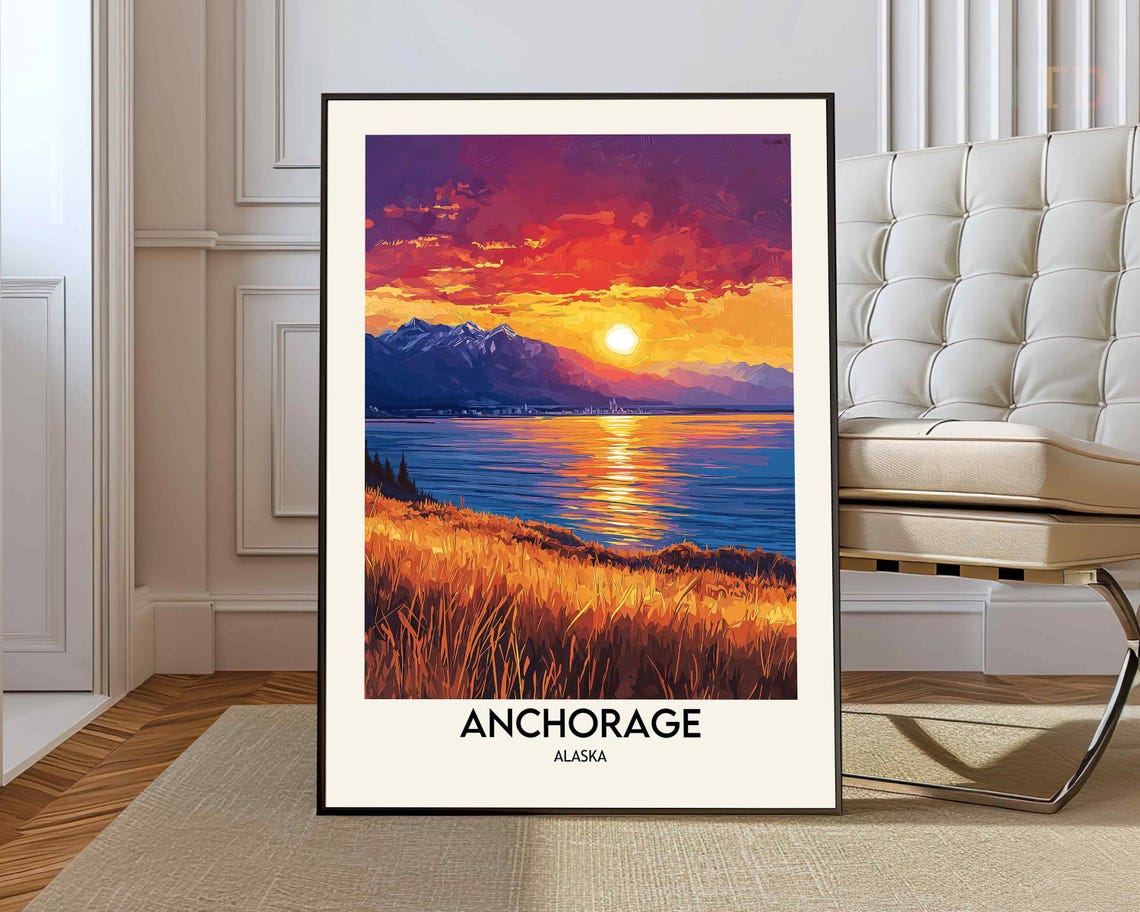 Anchorage Alaska Fiery Sunset Waterfront Mountains Grass Poster