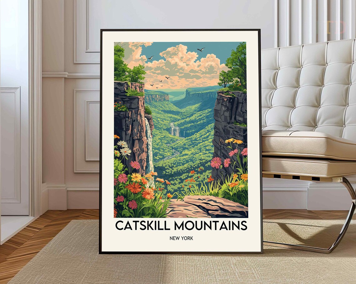 Catskill Mountains New York Vintage Waterfall Travel Art Poster
