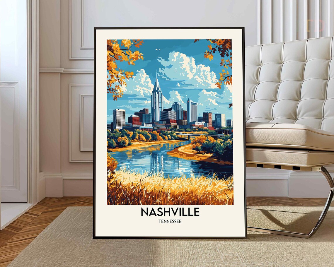 Nashville Tennessee Skyline Autumn Riverfront Cityscape Poster