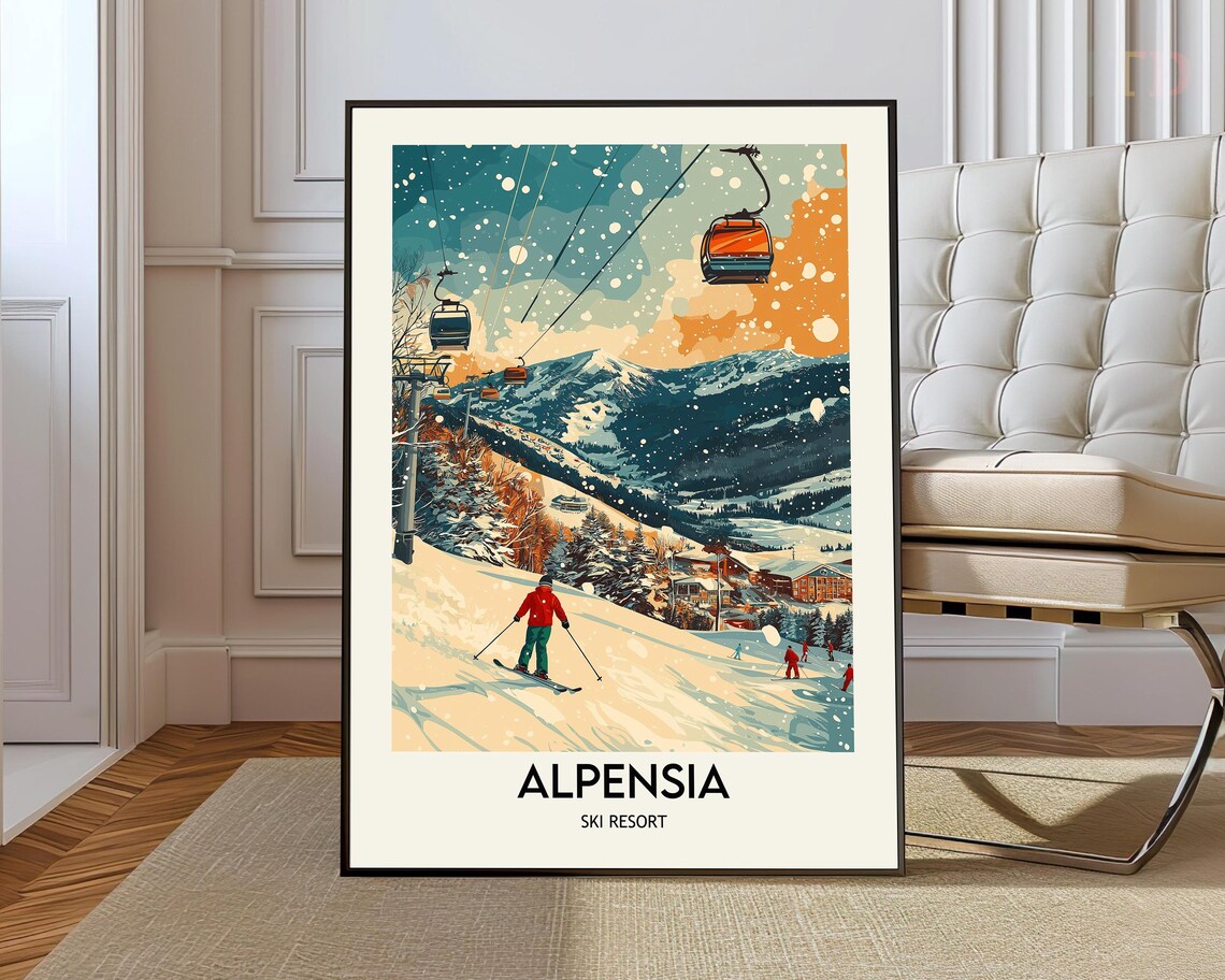 Alpensia Ski Resort Night Snowfall Gondolas Retro Vintage Ski Poster