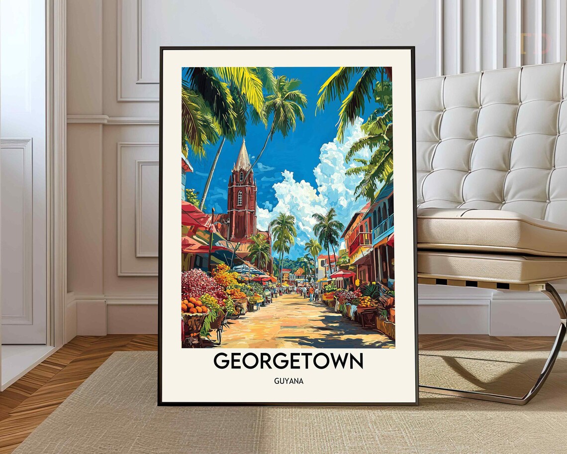 Georgetown Guyana Palm-Lined Market Street Church Tower Poster