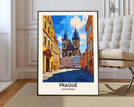 Prague Old Town Square Astronomical View Vintage Travel Poster
