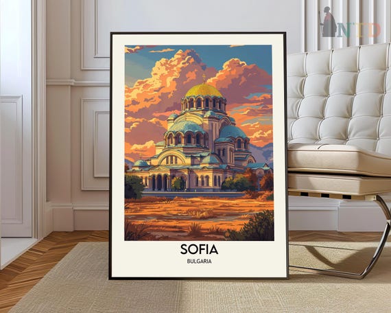 Sofia Bulgaria Cathedral Sunset Golden Sky Evening Travel Poster