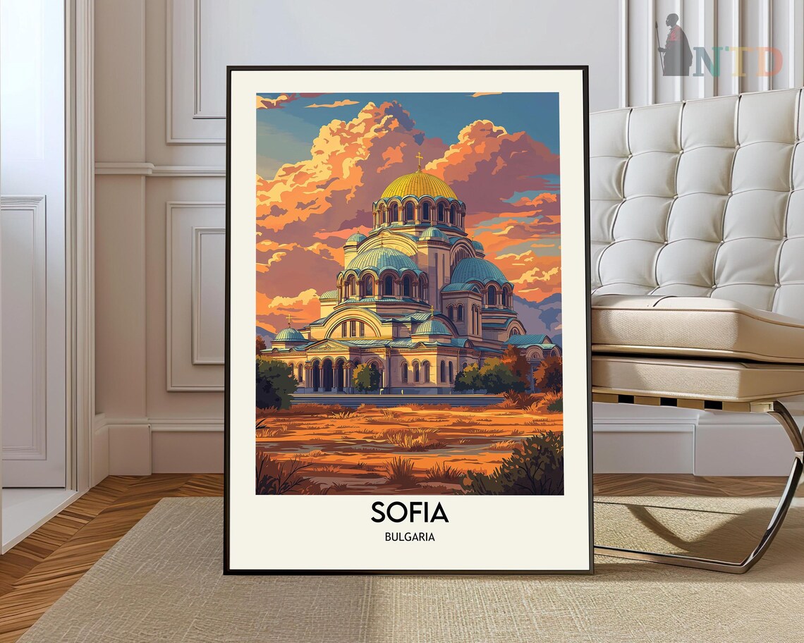 Sofia Bulgaria Cathedral Sunset Golden Sky Evening Travel Poster