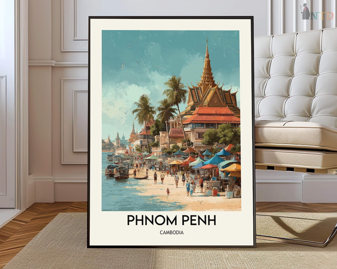Phnom Penh Cambodia Riverside Temple Palace Vintage Travel Poster