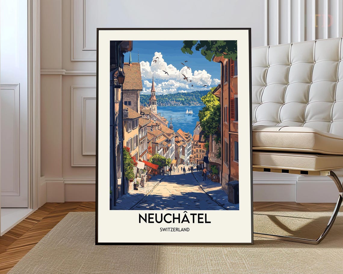 Neuchatel Switzerland Lakeside Old Town Street Sailboat View Poster