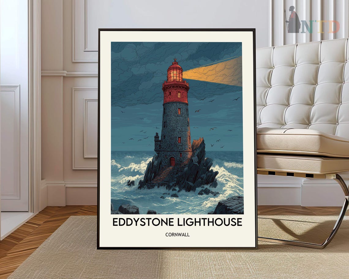 Eddystone Lighthouse Daytime Rocky Coast Waves Cornwall Poster