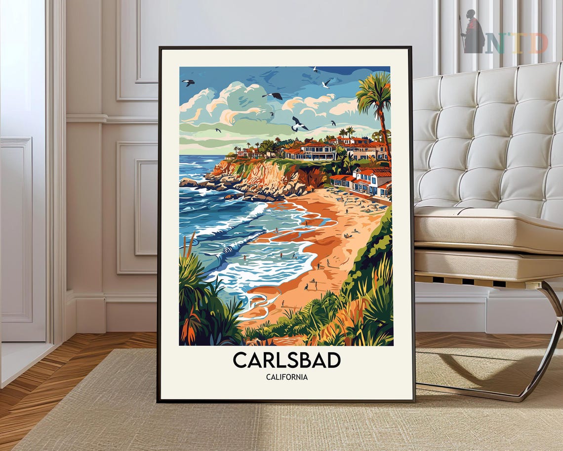 Carlsbad California Cliffside Cove Beach Vintage Travel Poster