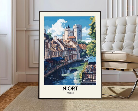 Niort France Old Town Canal and Castle Towers Travel Art Poster