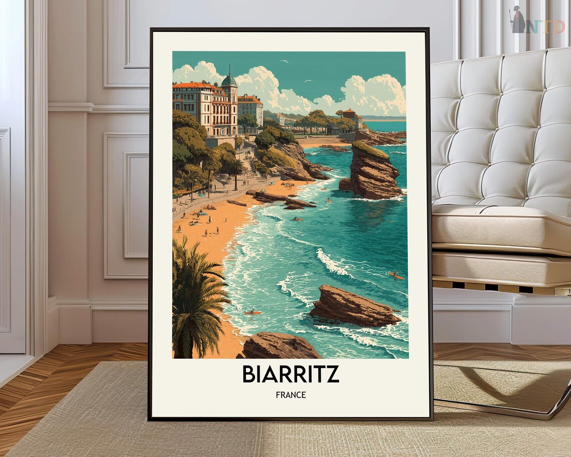 Biarritz Sunny Palm Beach Turquoise Waves France Travel Poster