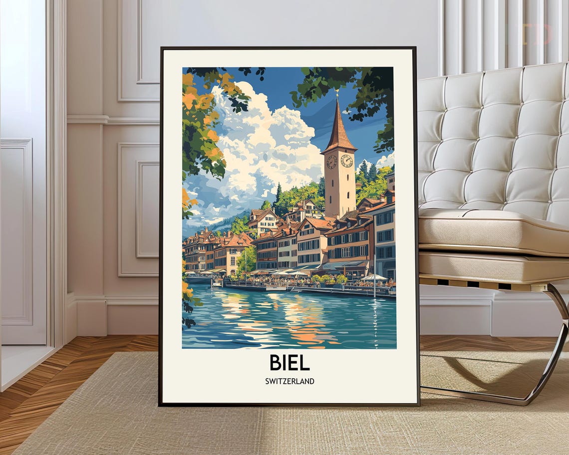 Biel Switzerland Travel Poster Lakefront Clock Tower Waterfront Art