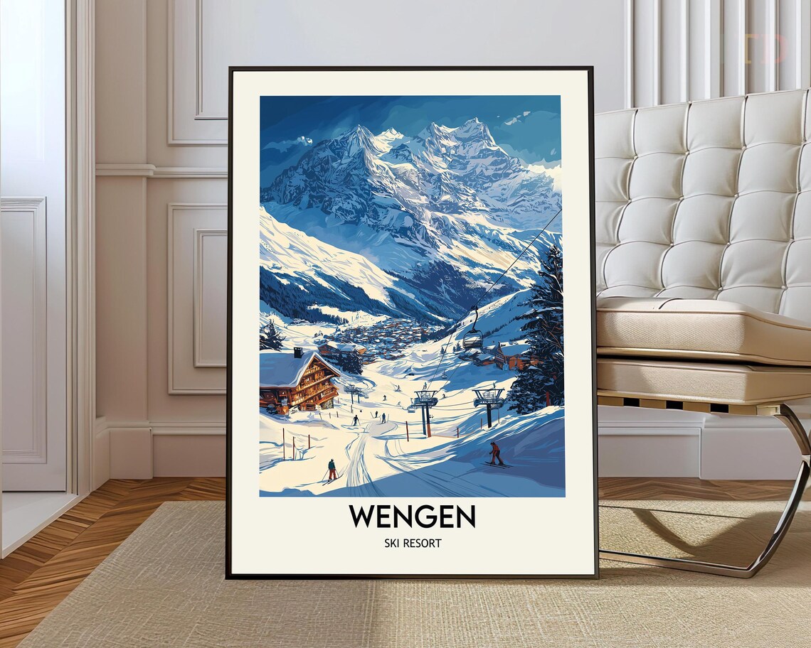 Wengen Ski Resort Snowy Alpine Village Vintage Travel Poster