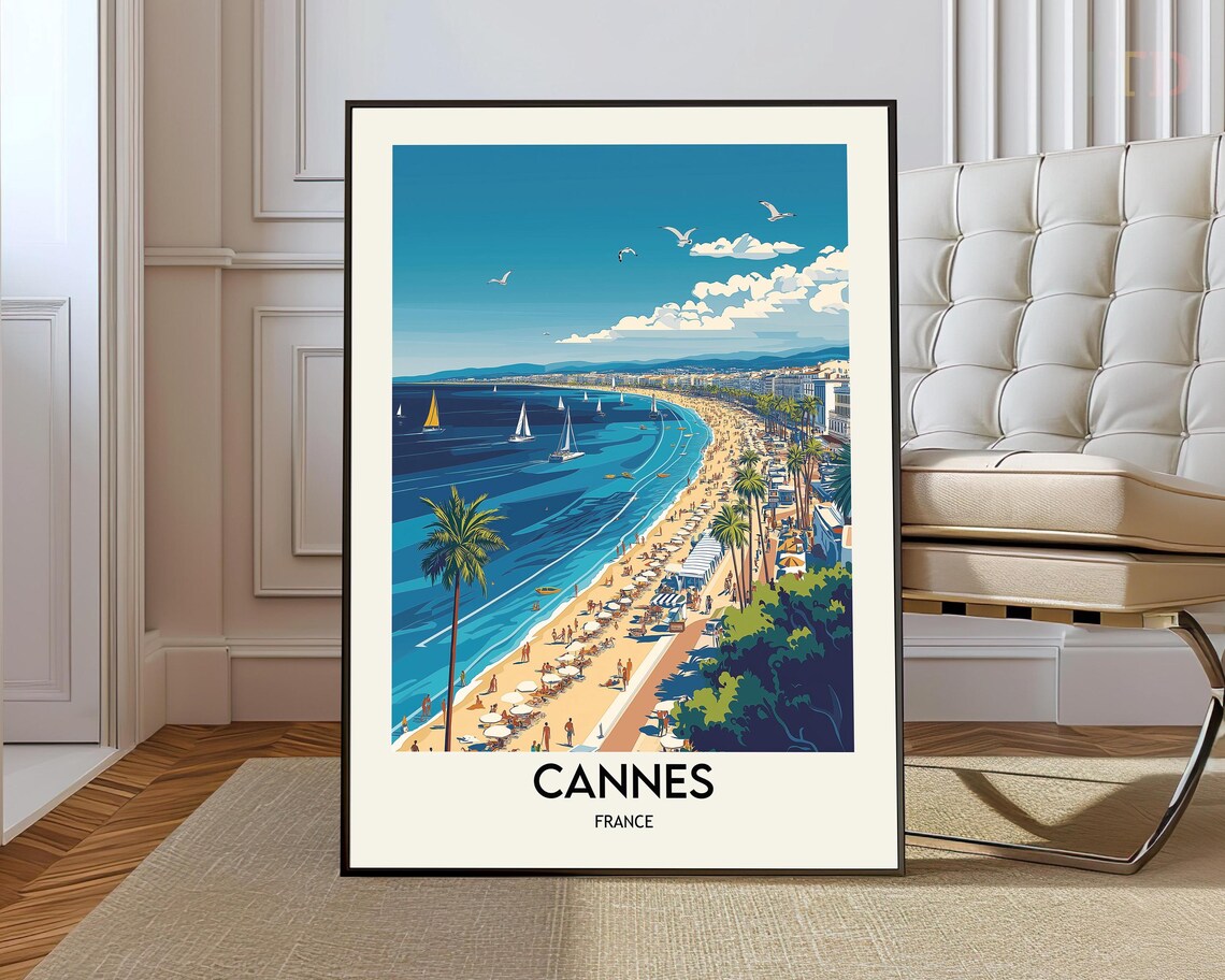 Cannes La Croisette Aerial Beach Promenade with Sailboats Poster
